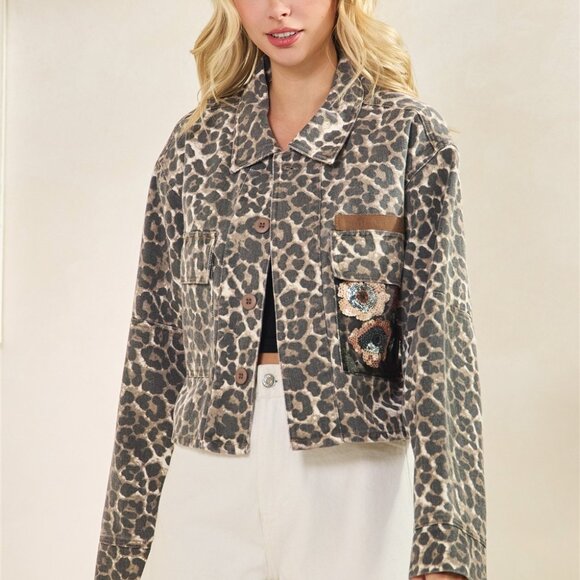 new VEVERET leopard denim jacket sequins accent floral back SM-LG unique rare - Picture 3 of 9